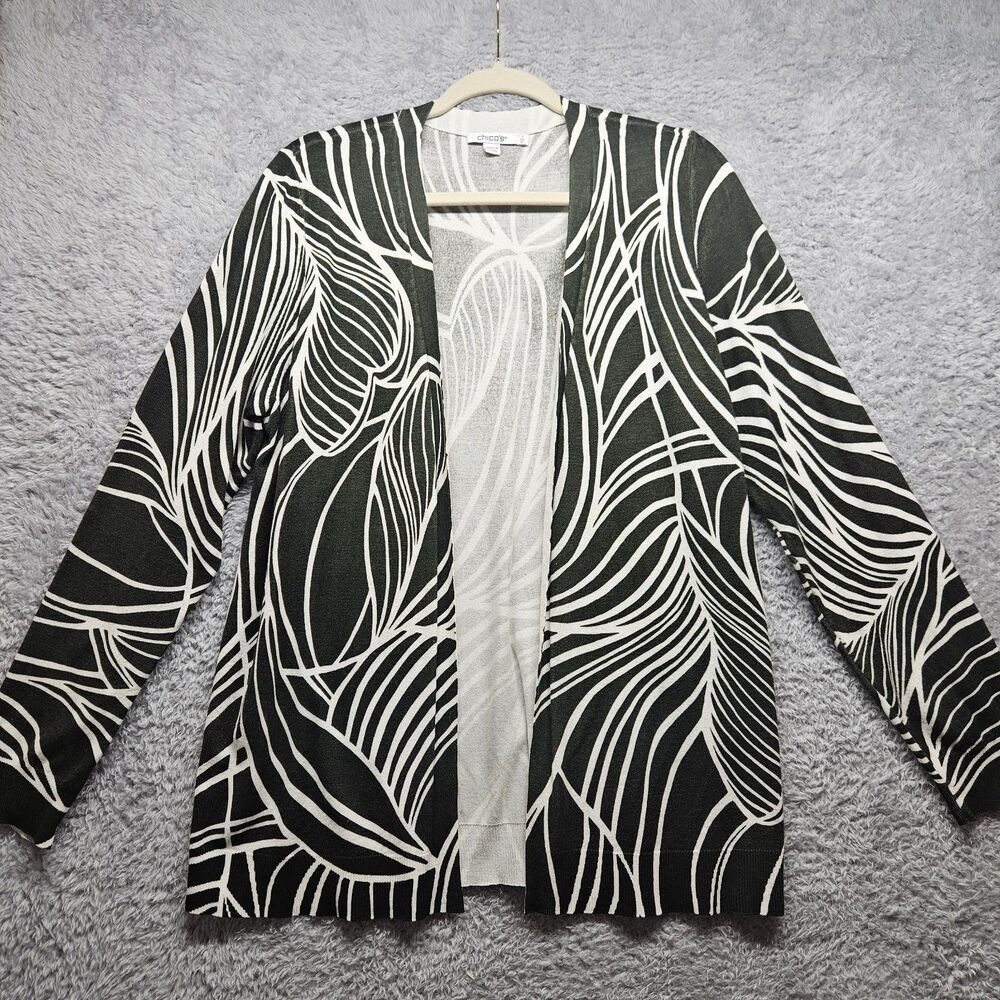 Chico's Green Stripe Cardigan Sweater Womens Size M Leaf Open Front Casual